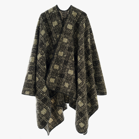 Damen Strukturierter Wollmix-Poncho im Ruana‑Schnitt mit kastiger Silhouette und Karo-Jacquard Shop Nory