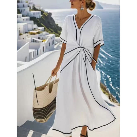 Damen Maxikleid mit V-Ausschnitt, seitlichem Knoten und Kontrastpaspeln Shop Nory