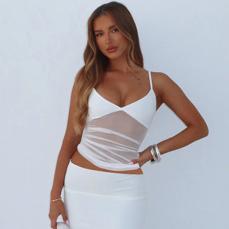 Damen Spaghetti-Träger Blusenoberteil mit transparenter Drapierung