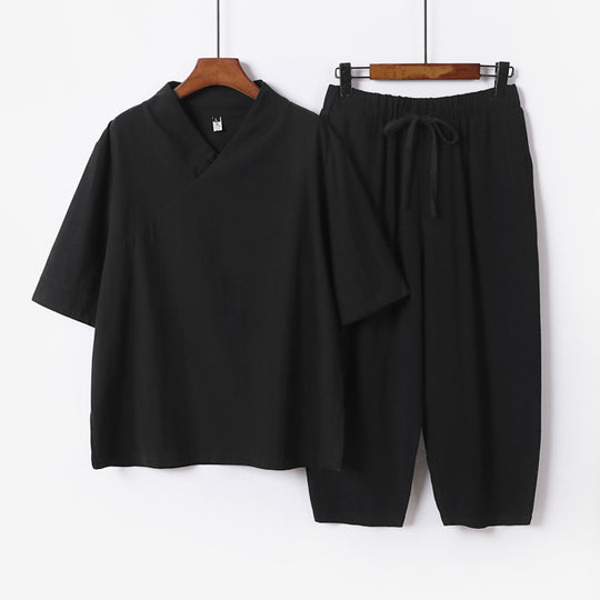 Herren Atmungsaktives Leinen-Baumwoll Lounge-Set mit asymmetrischem V-Kragen und elastischer Kordelhose Shop Nory
