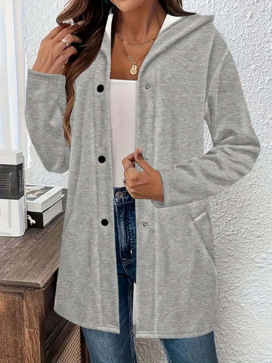 Damen Langer Kapuzenmantel aus weichem Sweat mit Druckknopfverschluss und seitlichen Eingrifftaschen Shop Nory