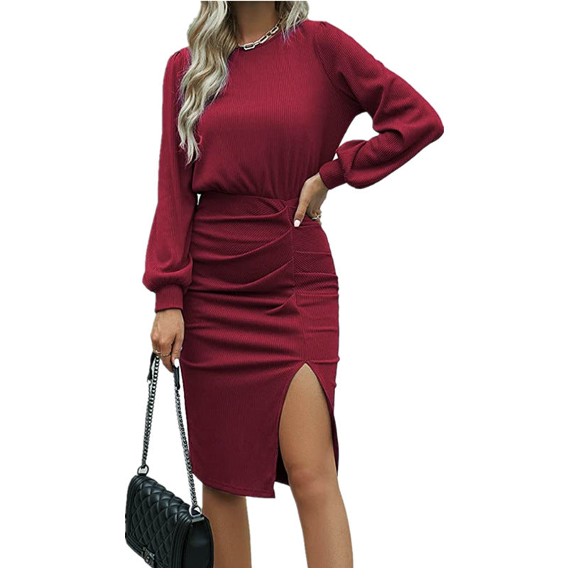 Damen Midikleid mit tailliertem Wickeleffekt, Langarm und hohem Beinschlitz Shop Nory