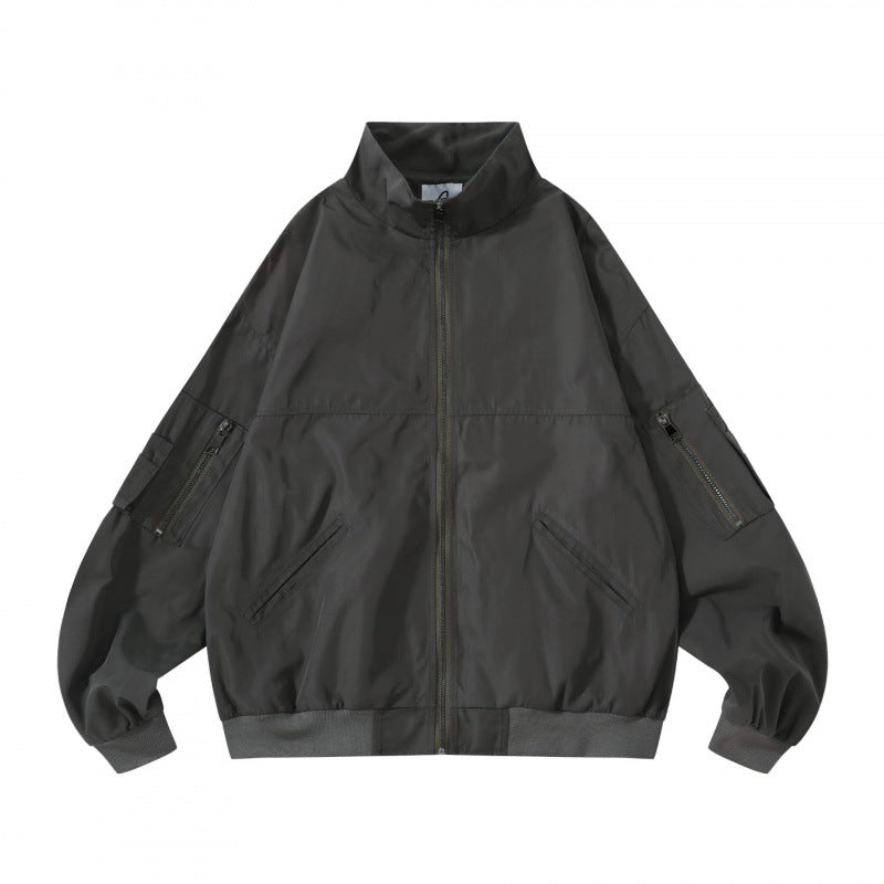 Unisex Kastige Utility-Bomberjacke mit Stehkragen, Reißverschluss und Ärmel-Taschen Shop Nory
