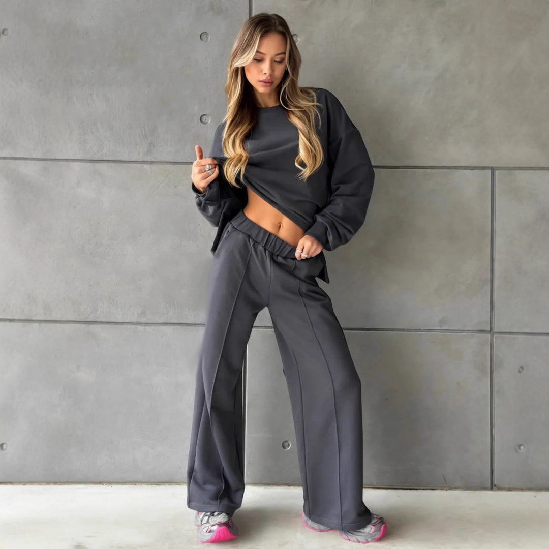 Damen eleganter Lounge-Zweiteiler mit Oversize-Sweatshirt und taillierter Weitbein-Hose Shop Nory