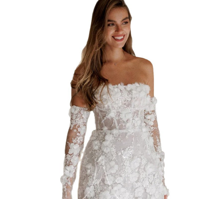 Damen Hochzeitskleid mit verführerischem floralem Design und transparenten Ärmeln Shopnory