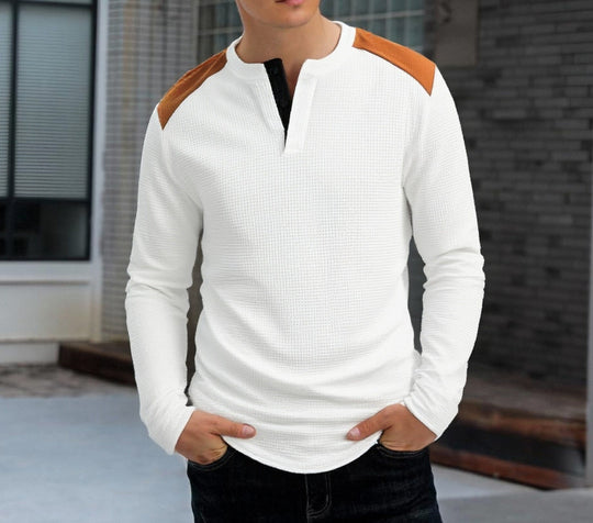 Herren strukturiertes Henley-Langarmshirt mit Stehkragen, Schulterpaspel und Waffelstruktur Shop Nory