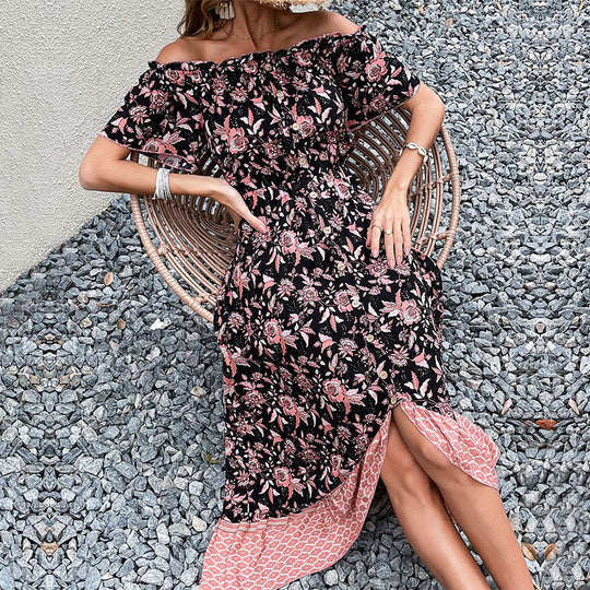 Damen Schulterfreies Boho-Maxikleid mit elastischer Smok-Taille, floralem Patchwork und hohem Seitenschlitz Shop Nory