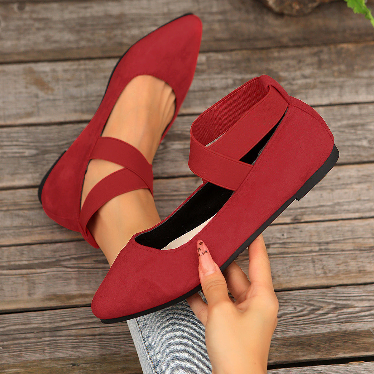 Damen Ballerina-Schuhe mit elastischen Kreuzbändern und rutschfester Sohle