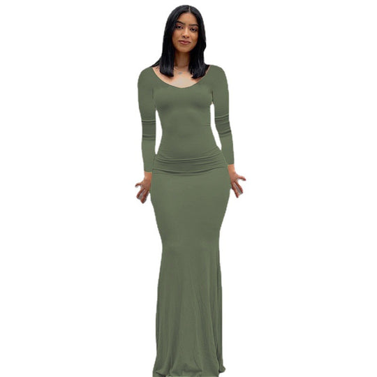 Damen Körperbetontes Maxi‑Jerseykleid mit taillierter Drapierung, langen Ärmeln und ausgestelltem Saum Shop Nory