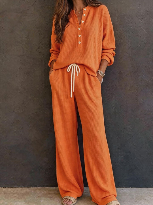 Damen Waffelstrick-Loungewear-Set mit Henley-Oberteil und weiter Kordelbundhose Shop Nory