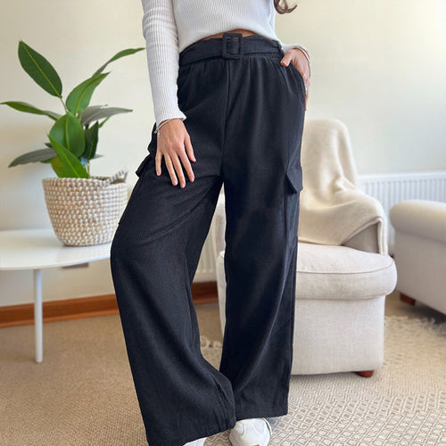 Damen Weite High-Waist-Hose mit Stoffgürtel und Cargo-Taschen Shop Nory