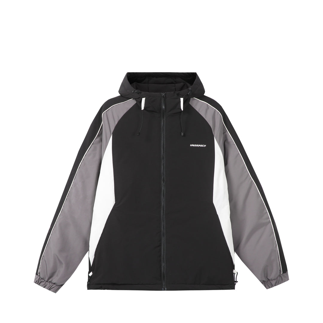 Unisex Kurz geschnittene gesteppte Kapuzenjacke mit reflektierenden Paspeln und Kordelzugsaum Shop Nory
