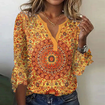 Damen Langarm-Bluse mit ornamentalem Mandala-Print und V-Ausschnitt Shop Nory