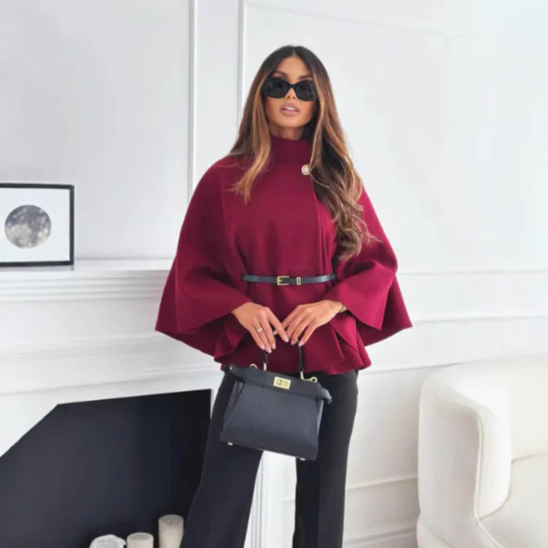 Damen Cape-Mantel mit tailliertem Ledergürtel und Stehkragen Shop Nory