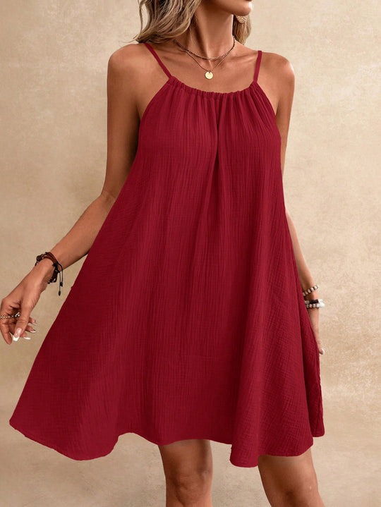 Damen Lockeres Baumwoll‑Gauze‑Trägerkleid mit gerafftem Ausschnitt und A‑Linien‑Silhouette Shop Nory