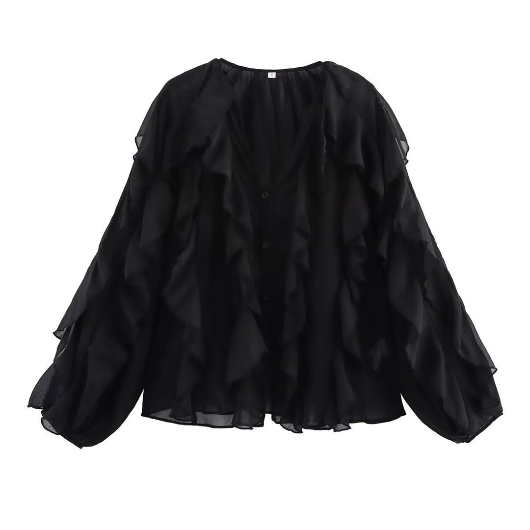Damen Volant‑Chiffonbluse mit Lagen‑Rüschen und weiten Ballonärmeln Shop Nory