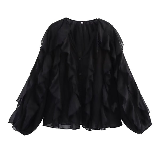 Damen Volant‑Chiffonbluse mit Lagen‑Rüschen und weiten Ballonärmeln Shop Nory