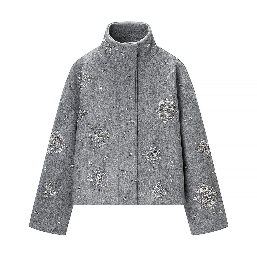 Damen Kurz geschnittener Wollmix‑Mantel mit Stehkragen und Perlen‑Pailletten‑Stickerei Shop Nory