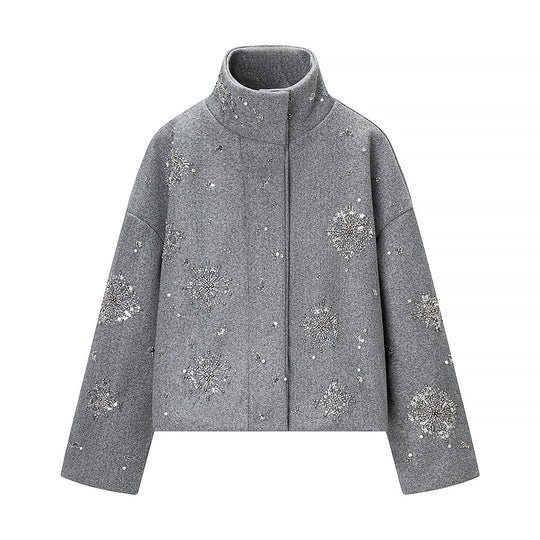 Damen Kurz geschnittener Wollmix‑Mantel mit Stehkragen und Perlen‑Pailletten‑Stickerei Shop Nory