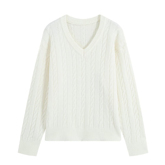 Damen Oversize Zopfmuster-Pullover mit V-Ausschnitt und breitem Rippbündchen Shop Nory