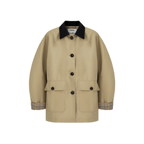 Damen Kurztrenchjacke mit Karofutter und Kontrastkragen Shop Nory