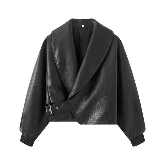 Damen Kurzgeschnittene Wickeljacke aus Lederoptik mit großem Schalkragen und Taillengürtel Shop Nory