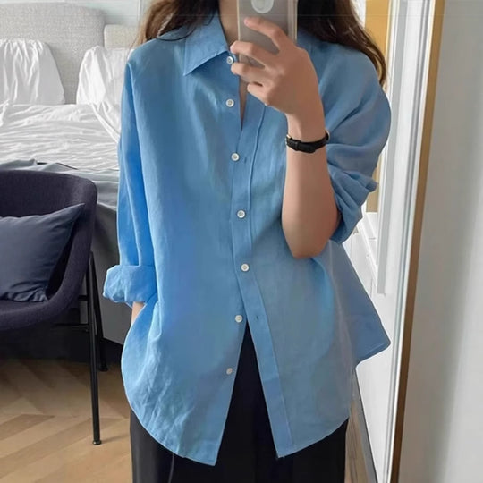 Damen Locker geschnittene Leinen‑Hemdbluse mit kastiger Silhouette und abgerundetem Saum Shop Nory