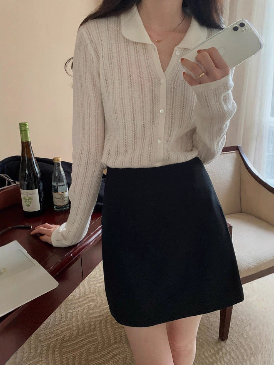 Damen Leichter Ajourstrick-Knopfccardigan mit Hemdkragen und feiner Zopfmusterstruktur Shop Nory