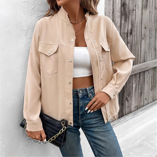 Damen Oversize Hemdjacke mit Druckknopf-Front, Brustklappen und Tunnelzugsaum Shop Nory