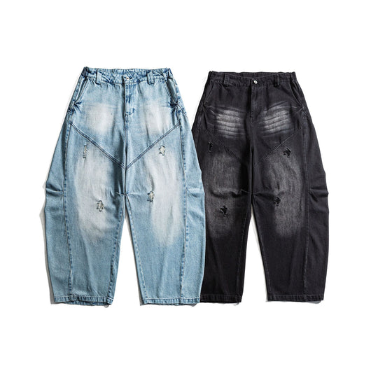 Damen hochgeschnittene weite Denim‑Culotte mit Cargotaschen, Used‑Effekt und elastischem Saum Shop Nory