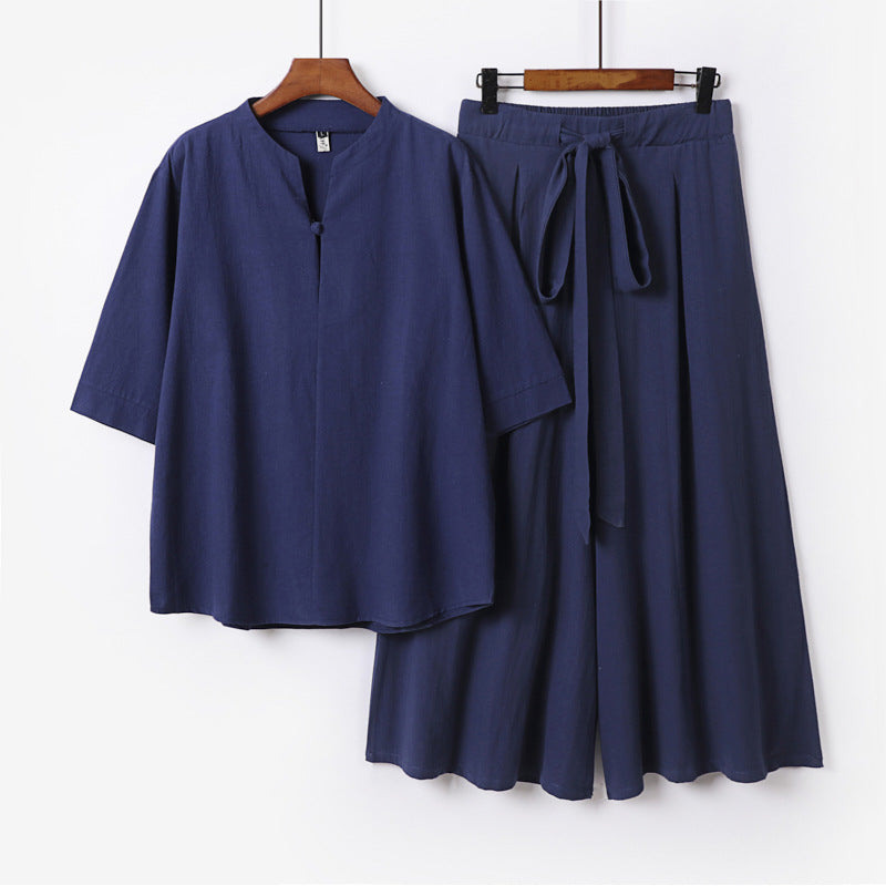 Damen Lässiges Leinen-Viskose Lounge-Set mit Stehkragen-Oberteil und weiten Palazzo-Hose Shop Nory