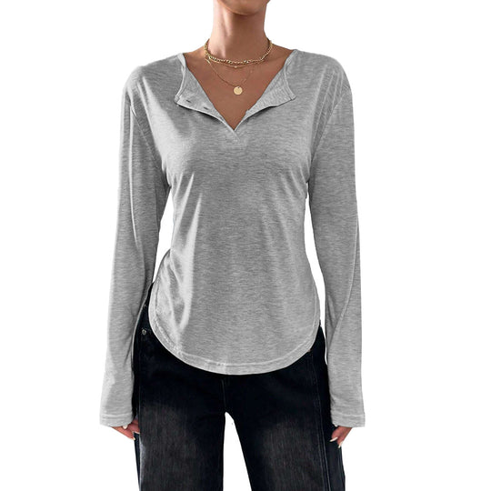 Damen legeres V-Ausschnitt Langarmshirt mit offenem Kragen, weichem Jersey und abgerundetem Saum Shop Nory