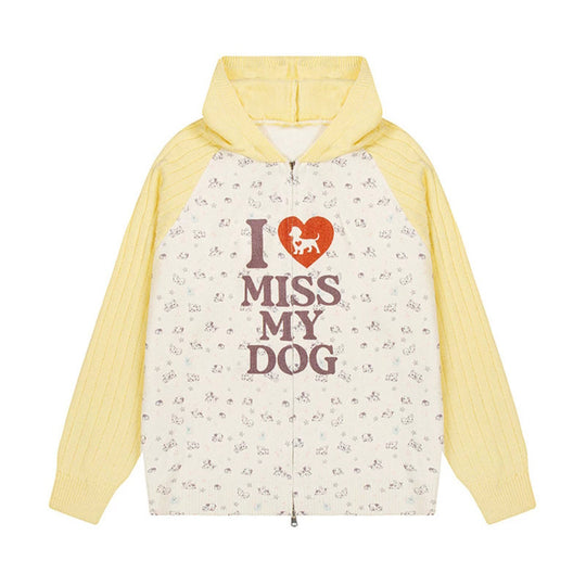 Damen Kapuzen‑Strickjacke mit durchgehendem Reißverschluss, gerippten Ärmeln und Hunde‑Statement‑Print Shop Nory