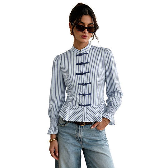Damen Gestreifte Bluse mit Stehkragen, chinesischem Knebelverschluss und Schößchen Shop Nory