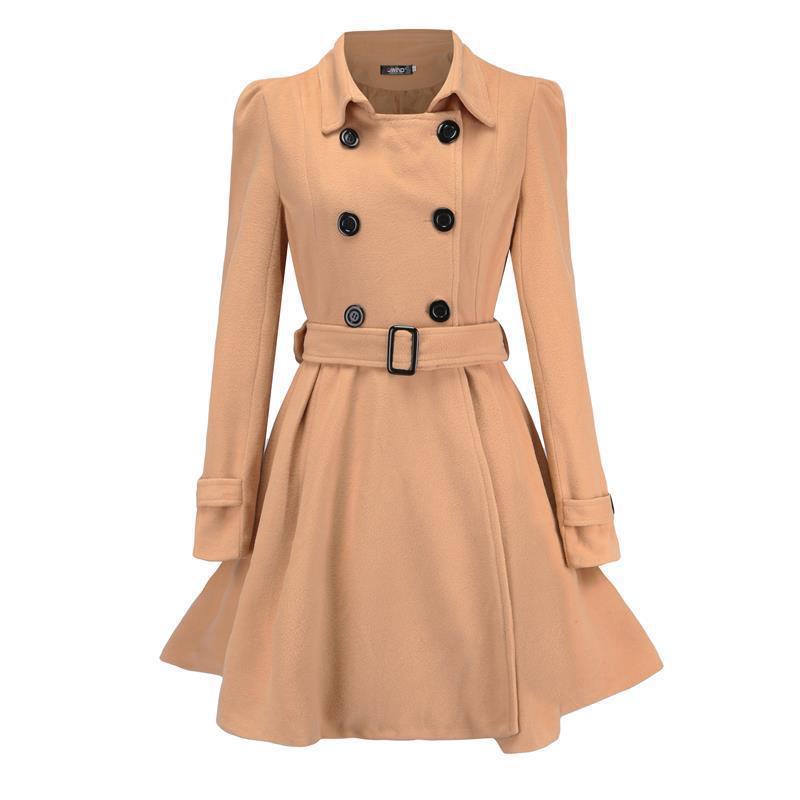 Damen nan taillierter Doppelreiher-Mantel mit ausgestelltem Rock, taillierendem Gürtel und strukturierten Schultern Shop Nory