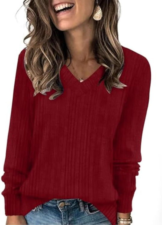 Damen gerippter V‑Ausschnitt Feinstrickpullover mit längerem Arm Shop Nory
