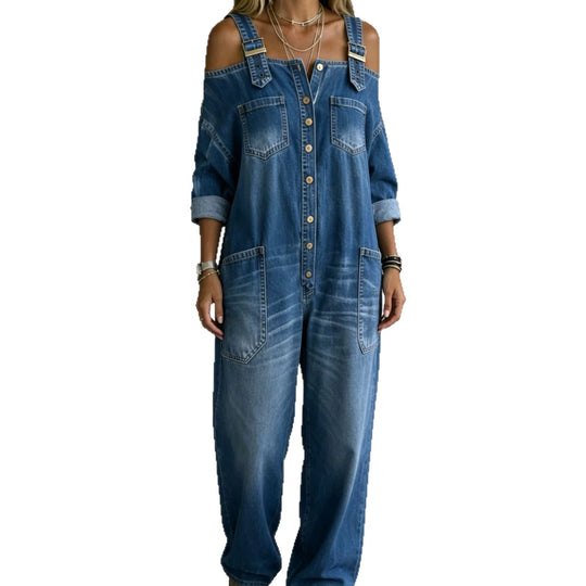 Damen Modischer Denim-Overall mit Off-Shoulder Design