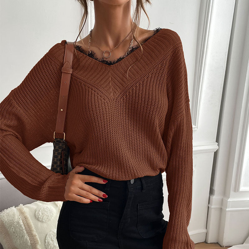 Damen Eleganter Strickpullover mit V-Ausschnitt und großem Muster Shop Nory