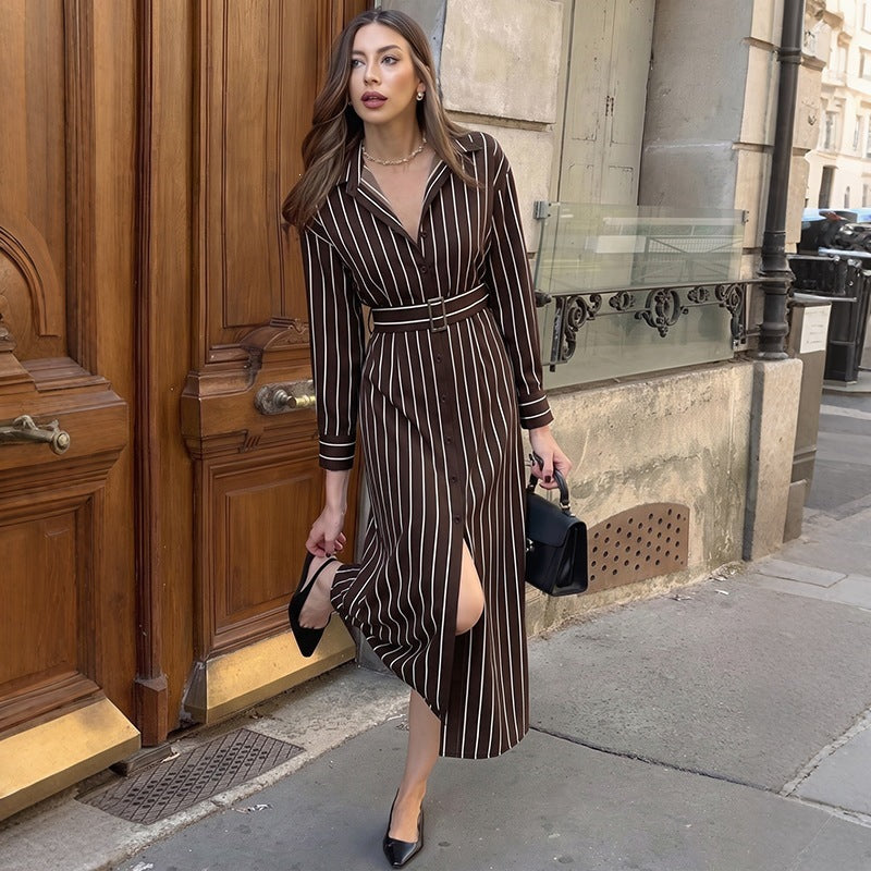 Damen Hemdblusenkleid mit Taillengürtel und vertikalem Nadelstreifen Shop Nory