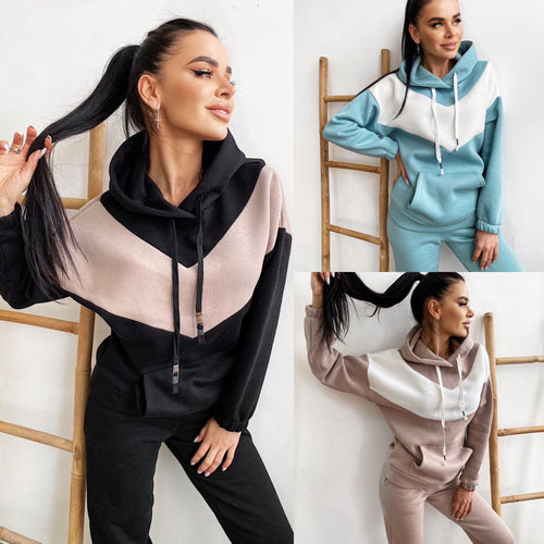 Damen zweiteiliges Loungewear-Set mit Chevron-Kapuzenpullover und taillierter Tapered-Jogginghose Shop Nory