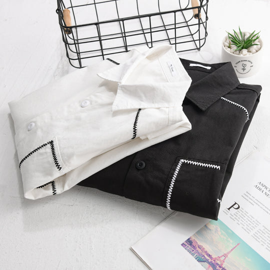 Herren Baumwoll-Hemd mit dekorativen Zickzacknähten und Brusttasche Shop Nory