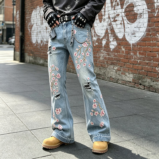 Damen Modische Flared Jeans mit Blumenstickerei Shop Nory