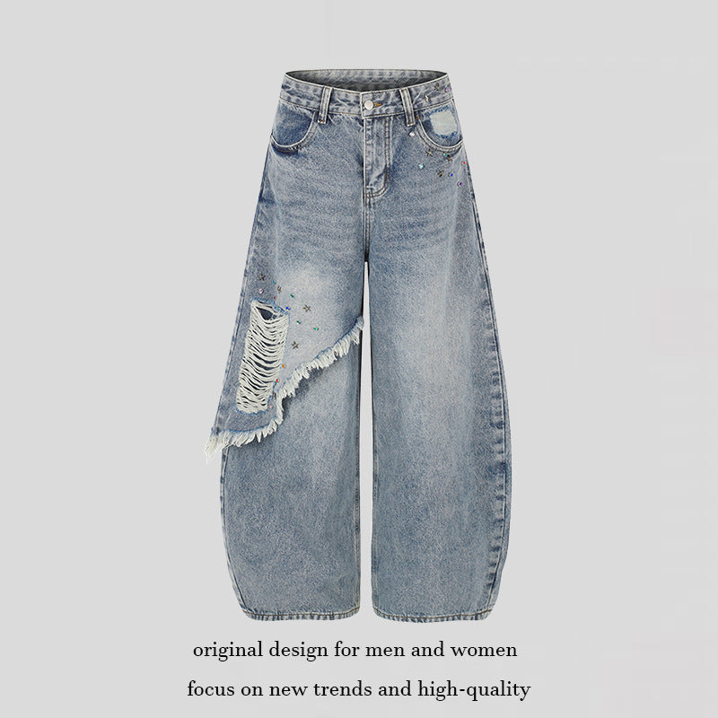 Damen High‑Waist weite Palazzo-Jeans mit asymmetrischem Fransen-Detail und Strassapplikation Shop Nory