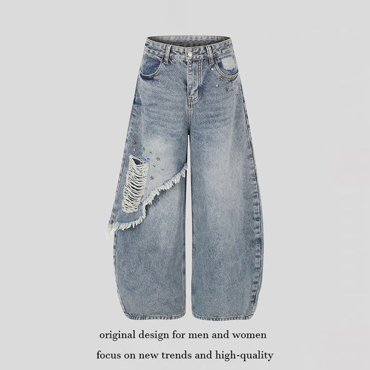 Damen High‑Waist weite Palazzo-Jeans mit asymmetrischem Fransen-Detail und Strassapplikation Shop Nory