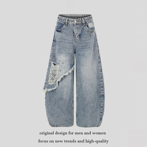 Damen High‑Waist weite Palazzo-Jeans mit asymmetrischem Fransen-Detail und Strassapplikation Shop Nory