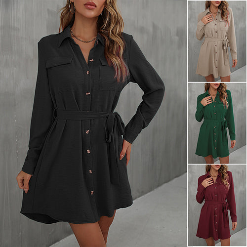 Damen Lockeres Hemdblusen-Minikleid mit Taillengürtel und aufgesetzten Brusttaschen Shop Nory