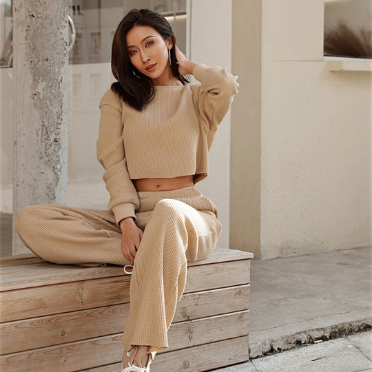 Damen kurz geschnittenes Waffelstrick-Lounge-Set mit hoch taillierter Palazzohose Shop Nory