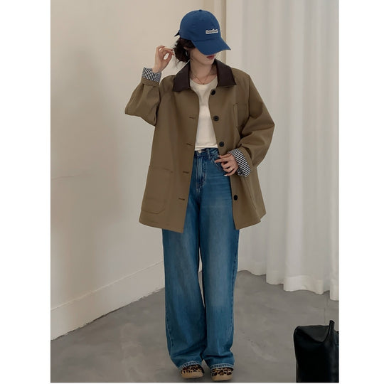 Damen Oversize Kurzjacke im Trenchstil mit Lederoptik-Kragen und karierten Umschlagmanschetten Shop Nory
