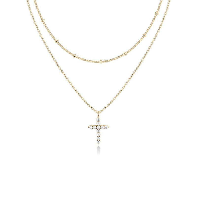 Damen Halskette mit funkelndem Kreuzanhänger und doppellagigem Design Shop Nory