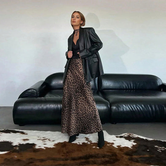 Damen Maxirock mit hohem Bund, ausgestellter A-Linie und markantem Leopardenprint Shop Nory
